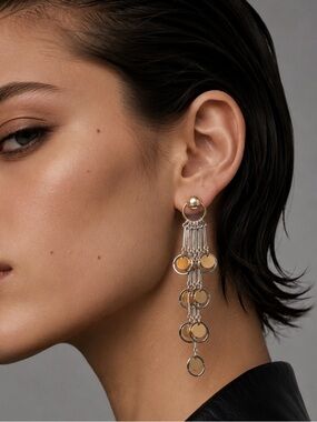 Long Dangle Hoop Earrings with Gold Discs - Women Jewelry